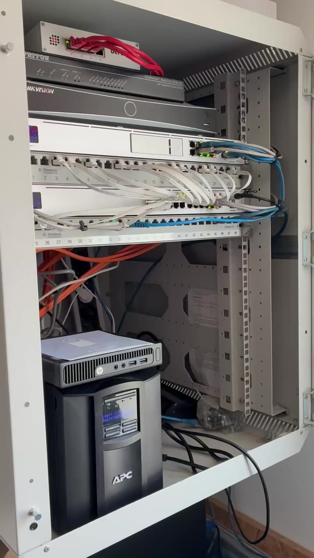 Serverschrank nach der Sanierung – sauber gepatchte Leitungen